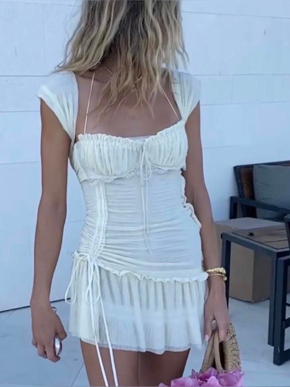 We The Free Ivory Strapless Ruffled Mini Dress